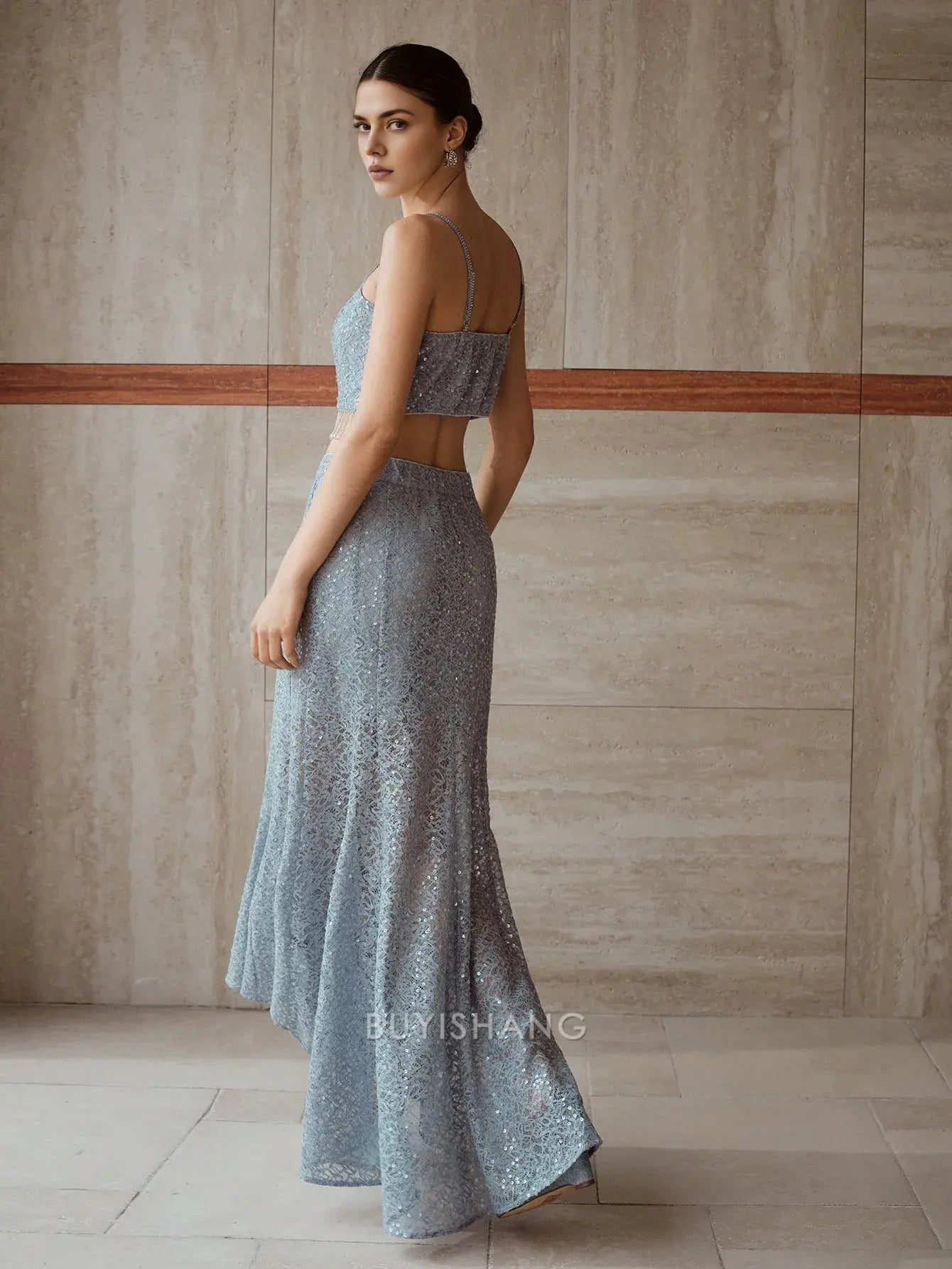 Elegant Sequin Lace Two - Piece Mermaid Maxi Dress with Fringe Detail Prom Dresses